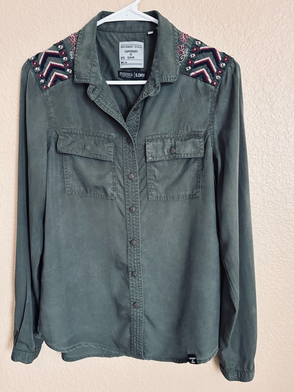 Superdry Olive Utility Embroidered Long Sleeve Button Down Shirt